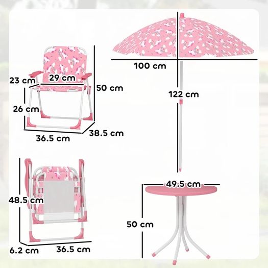 Kids Patio Table and Chair Set, Kids Garden Furniture with Umbrella, 4-Piece Bistro Set for Garden, Pink