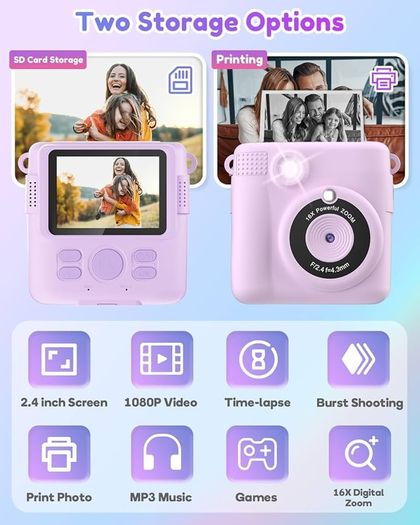 Camera For Girls Boys, Instant Camera For Kids With Print Photo Paper, 1080P Hd Digital Camera Toy, Birthday Gifts For 3 4 5 6 7 8 9 10 Years Old Girl, Video Recorder, 32Gb Sd Card
