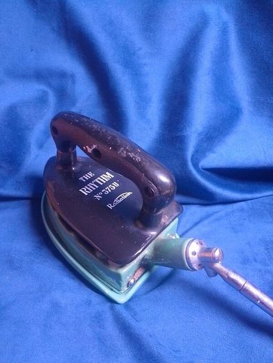 Vintage 1930s "The Rhythm" No. 375U Gas Iron with Enamel Trivet Stand & Hose