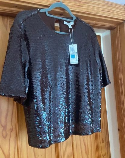 M&S Chocolate Brown Sequin Short Sleeve Top   Size UK 14