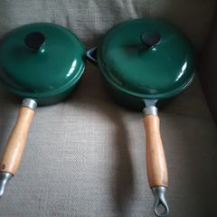 Two Matching Le Creuset Type Cast Iron Saucepans With Lids