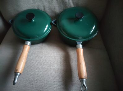 Two Matching Le Creuset Type Cast Iron Saucepans With Lids