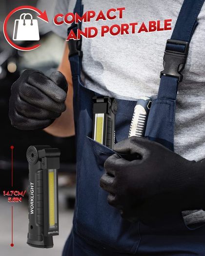 LED Torch Rechargeable Work Light, Emergency Inspection Lamp 360 Rotate Mechanic Light with Magnetic Base Hook (2 Pack, Black)