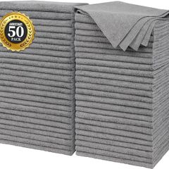 Grey Microfibre Cleaning Cloth -Pack of 50, 16"X12" Cleaning Rags for Housekeeping and Kitchen, Reusable Shop Towels for Car, Lint Free, Scratch-Free, Highly Absorbent Microfibre Towels