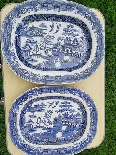 Two large Blue & White Willow Pattern Plates