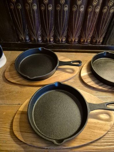 Cast Iron Mini Skillet Set with Wooden Serving Boards (Set of 4)