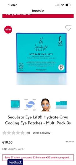 Seoulista Hydrate Eye Lift Cryo Cooling Eye Patches 3 Pack