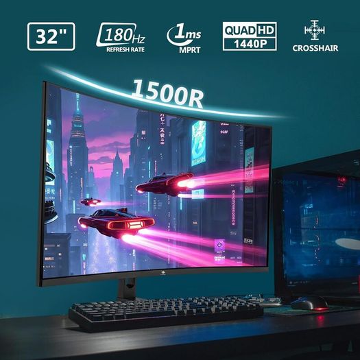 32-Inch QHD Curved Gaming Monitor, 180Hz 1440p, 1ms MPRT, 1500R VA Display, FreeSync, HDMI & DisplayPort, VESA Mountable