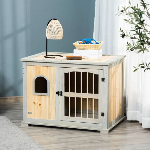 Wooden Dog Crate, Furniture Style Dog Kennel End Table w/ Lockable Door, Window, Grey and Natural
