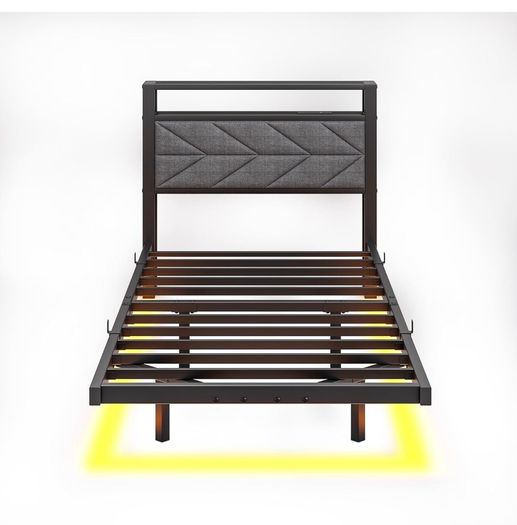 Metal Bed Frame with LED Lights and Charging Station, Heavy Duty Metal Slat Support, Noise Free, No Box Spring Needed