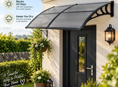 Polycarbonate Door Canopy 198 x 96cm Smoke Grey Front Door Awning with Rain & UV Protection