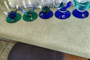 SET OF 5 , 1920 s Art Deco Czech Republic Cobalt Blue Green On Clear Glasses