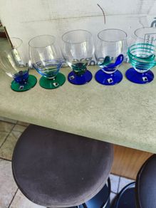 SET OF 5 , 1920 s Art Deco Czech Republic Cobalt Blue Green On Clear Glasses