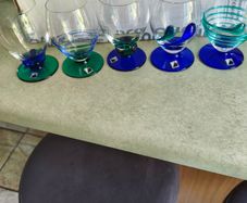 SET OF 5 , 1920 s Art Deco Czech Republic Cobalt Blue Green On Clear Glasses
