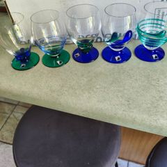 SET OF 5 , 1920 s Art Deco Czech Republic Cobalt Blue Green On Clear Glasses