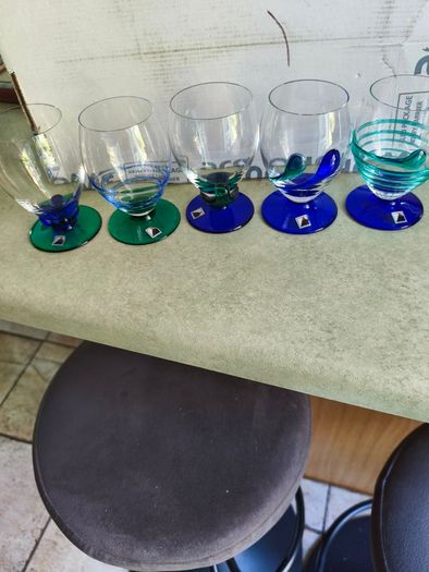 SET OF 5 , 1920 s Art Deco Czech Republic Cobalt Blue Green On Clear Glasses