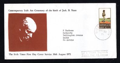 1971 Ireland Contemporary Irish Art (Jack B Yeats) Commemorative Stamp Irish Times Addressed First Day Cover (FDC) with Dublin Cancel.