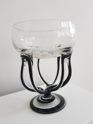 Duiske Hand Cut Blue Glass Pedestal Dish Retro Irish Cut Glass Bowl / Vase 7" Collectable.