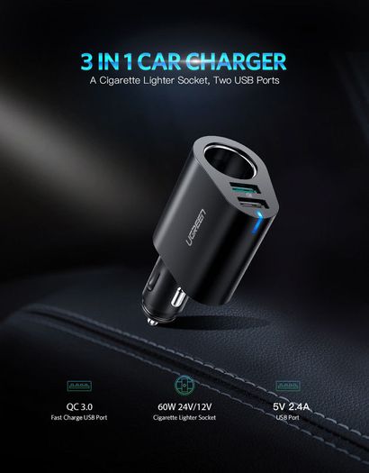 Ugreen QC 3.0 Car Quick Charger Adapter Car Cigarette Lighter Splitter 60W Dual USB (Brand New/Warranty)