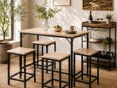 Industrial Bar Table & 4 Stools Set Natural Oak Colour