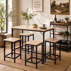 Industrial Bar Table & 4 Stools Set Natural Oak Colour