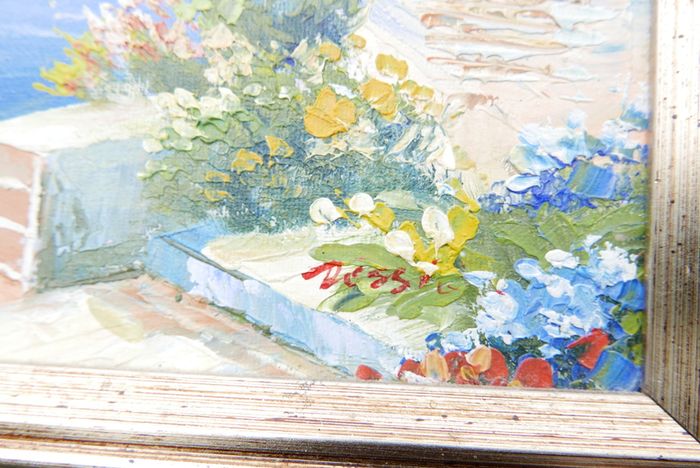 Vintage Oil Paintings Seaside Impressionism Wall Art Blue Oil Paintings Garden Floral Wall Art Blue Artwork Living Room Wall Art, signed framed
