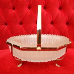 Antique 30's "Fancy"Hexagon Service Bowl,In Light Blue Frosted Glass with Chrome Caseing