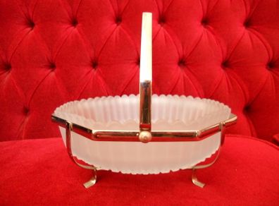 Antique 30's "Fancy"Hexagon Service Bowl,In Light Blue Frosted Glass with Chrome Caseing