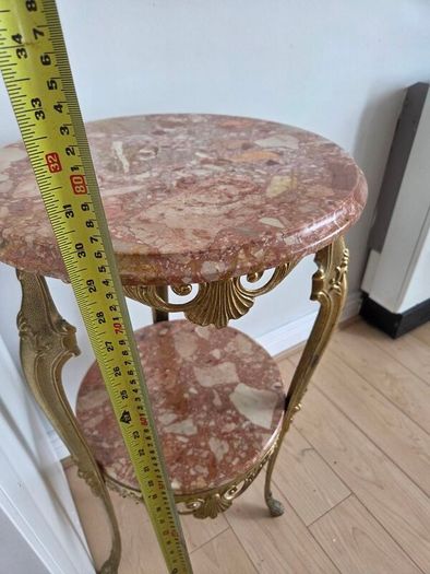 Vintage French Brass & Pink Marble 2-Tier Side Table Plant Stand