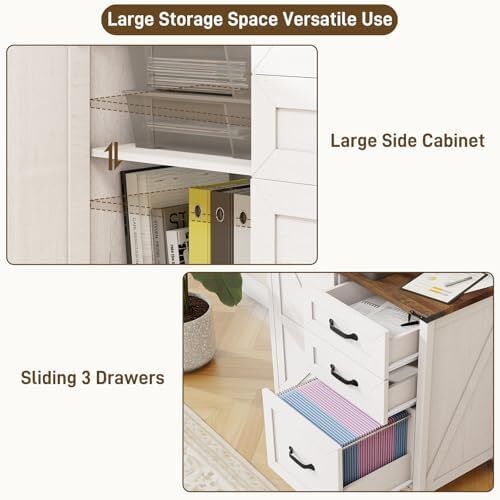 Filing Cabinet with 3 Drawers, Farmhouse File Cabinet Home Office Wood Printer Stand, Rustic White for A4/Letter Suspension Files