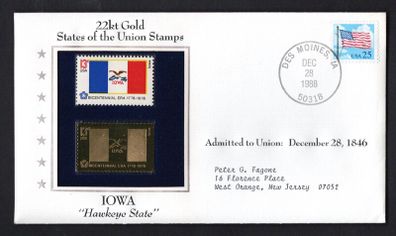 1988 USA Iowa "Hawkeye State" 22kt Gold Replica of the 1976 United States Flag Stamps showing 25c US flag definitive tied Des Moines, Iowa (state capital) illustrated cover