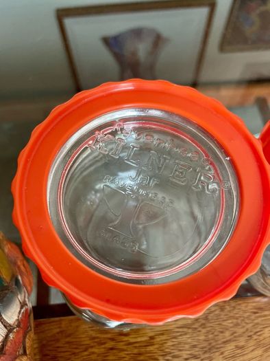 Pair Vintage 500ml 1970s Ravenhead Glass Kilner Jars With Orange Screw Lids
