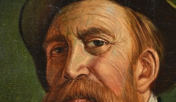 Oil painting of a hunter with a glass of wine
