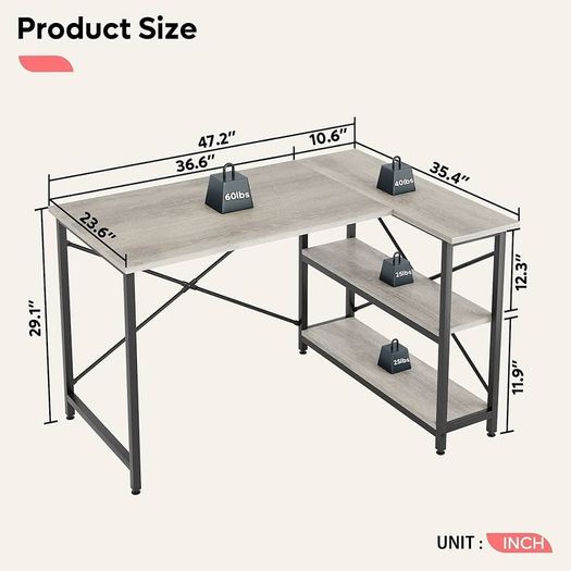 FREE EXPRESS SHIPPING L Shaped Desk Small Corner Desk with Shelves 120CM Reversible Computer Desk Writing Table with Bookshelf for Home Office Small Space