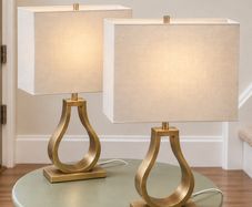 Pair of IKEA KLABB Gold Table Lamps - White Shades