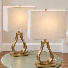 Pair of IKEA KLABB Gold Table Lamps - White Shades