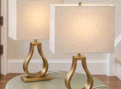Pair of IKEA KLABB Gold Table Lamps - White Shades
