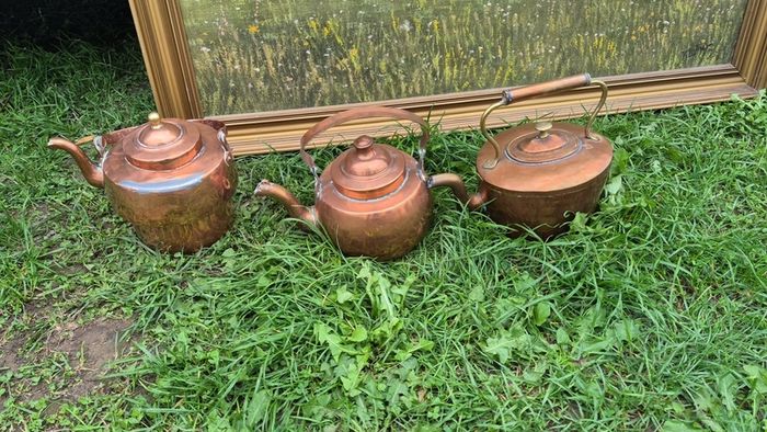5 old antique painting 4 on canvas & 3 old copper kettles