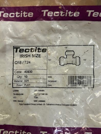 Tectite Push Fit Tee half inch - Irish Size