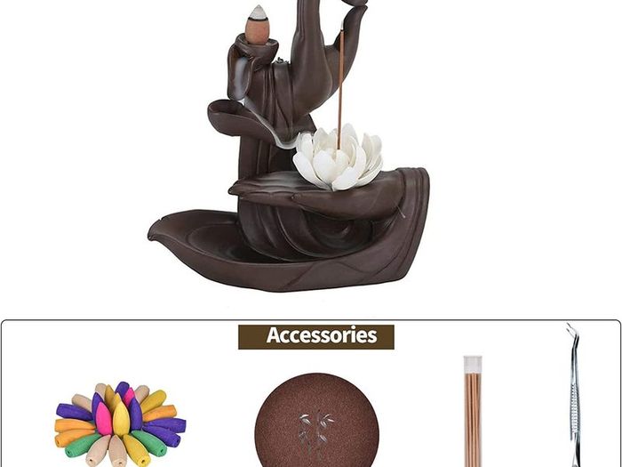 Handmade Backflow Incense Burner Lotus Monk Backflow Incense Holder Incense Cone Sticks Holder with 20pcs Backflow Incense Cones Home Decor Lotus