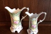 2 Ornate Green and Pink Floral Gold Gilded Decorative Jugs Cottagecore