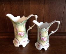 2 Ornate Green and Pink Floral Gold Gilded Decorative Jugs Cottagecore