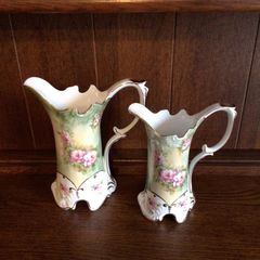 2 Ornate Green and Pink Floral Gold Gilded Decorative Jugs Cottagecore