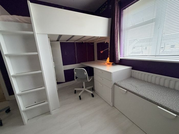 Loft bed frame with desk, chair and storage