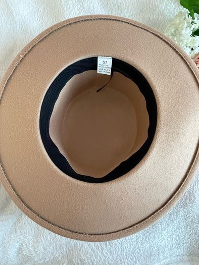 Tan Boater Hat Camel Fedora Flat Brim Size 57 Women's Festival