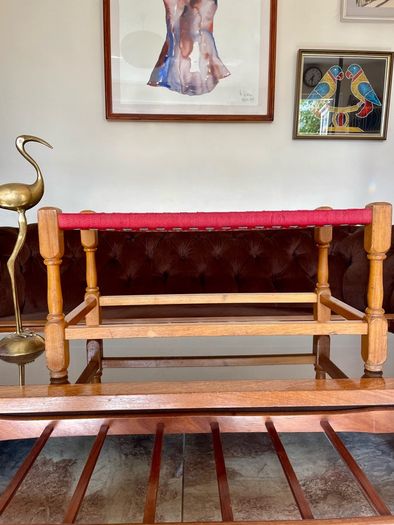 Rare Vintage Long Sugan Style Ottoman Stool Bench Woven with Red Green Cotton Rope