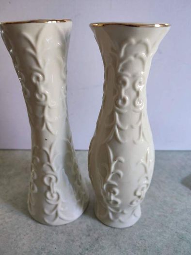 Set Of 2 White Vases With Gold Rim Is Not Stamped.