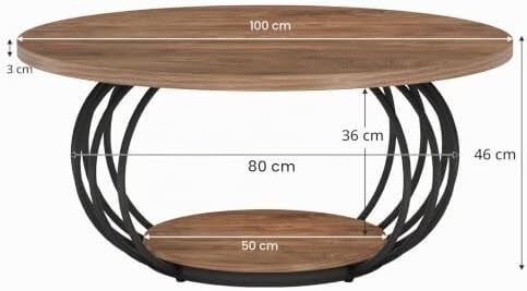 Round Coffee Table with Storage 2-Tier Metal Frame 100 x 100 x 46 cm Wood Grain