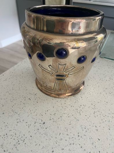 Vintage heavy silvered brass Art Deco Cobalt Glass Planter