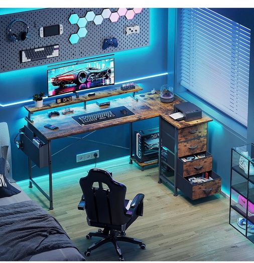 Corner Desk with 4 Drawers, L Shaped Computer Desk with LED Lights & Power Outlets, 160x80cm Reversible Home Office Workstation with Monitor Stand, Writing Desk with PC Stand, Vintage